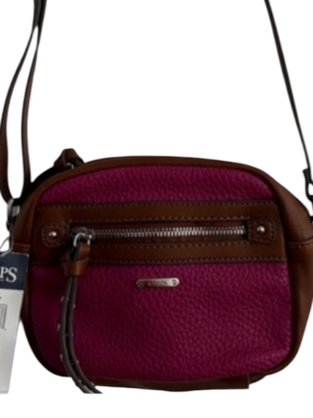 NEW CUTE Chaps Fuchsia Pink and Brown Crossbody Bag Approx 8" X 6" X 1.5" NWT - Picture 2 of 6